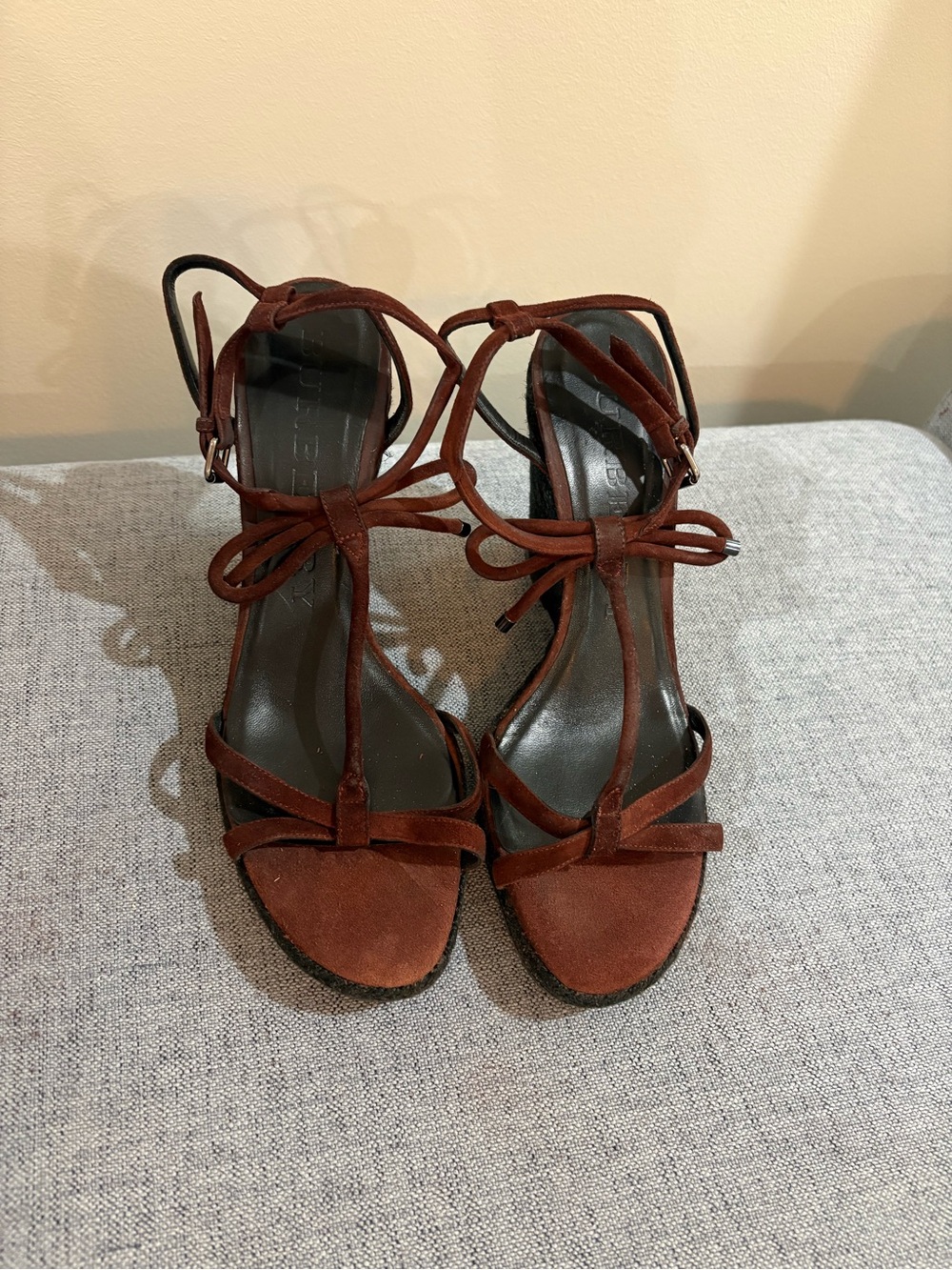 Burberry Brown Suede Strappy T-BAR wedges